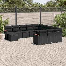 Set de sofás de jardín 12 piezas cojines ratán sintético negro