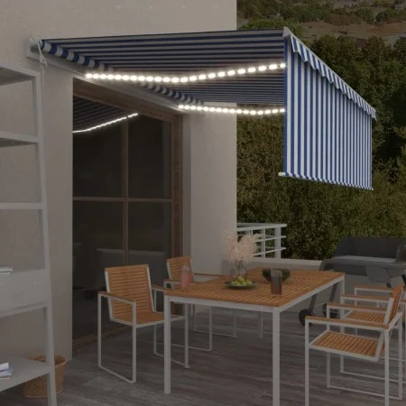 Toldo automático persiana LED sensor de viento azul blanco 4x3m by , Awnings - Ref: Foro24-3069311, Price: 647,33 €, Discount: %