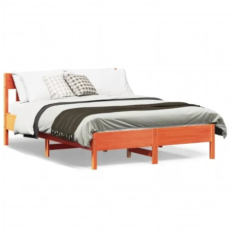 Bed frame with wax brown pine wood headboard 120x200 cm by , Beds and slatted bases - Ref: Foro24-842653, Price: 121,99 €, Di...
