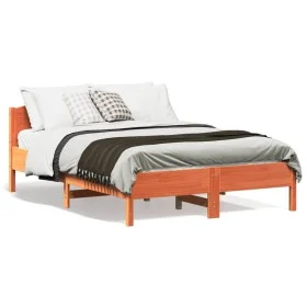 Bed frame with wax brown pine wood headboard 120x190 cm by , Beds and slatted bases - Ref: Foro24-842613, Price: 125,27 €, Di...