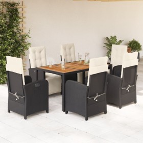 Set de comedor de jardín 7 pzas y cojines ratán sintético negro