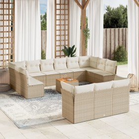 Set sofás de jardín 14 pzas con cojines ratán sintético beige