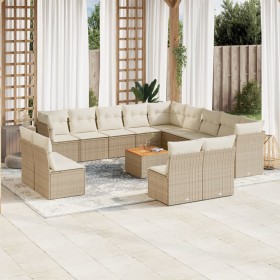 Set sofás de jardín 14 pzas con cojines ratán sintético beige