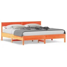 Bed frame with wax brown pine wood headboard 200x200 cm by , Beds and slatted bases - Ref: Foro24-3216202, Price: 217,72 €, D...