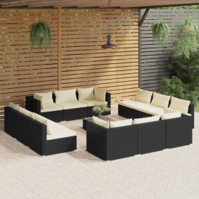 Set muebles de jardín 13 pzas y cojines ratán sintético negro