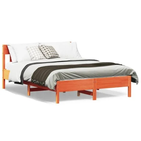 Bed frame with wax brown pine wood headboard 135x190 cm by , Beds and slatted bases - Ref: Foro24-842669, Price: 123,40 €, Di...