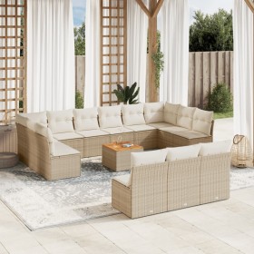 Set sofás de jardín 14 pzas con cojines ratán sintético beige