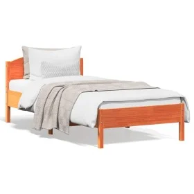 Bed frame with wax brown pine wood headboard 100x200 cm by , Beds and slatted bases - Ref: Foro24-842617, Price: 100,07 €, Di...