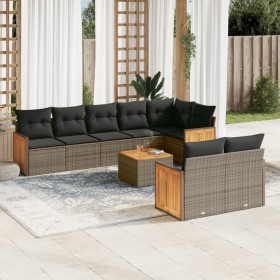 Set de muebles de jardín 9 pzas y cojines ratán sintético gris