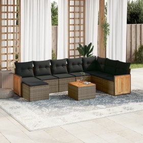 Set de muebles de jardín 9 pzas y cojines ratán sintético gris