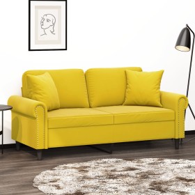 Sofá de 2 plazas con cojines terciopelo amarillo 140 cm