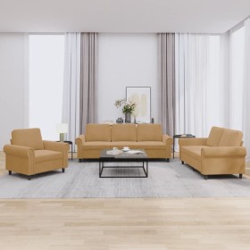 Brown velvet 3-piece sofa set with cushions by , Sofas - Ref: Foro24-3202177, Price: 734,35 €, Discount: %