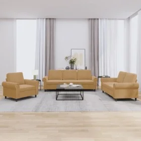 Brown velvet 3-piece sofa set with cushions by , Sofas - Ref: Foro24-3202177, Price: 721,75 €, Discount: %