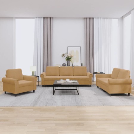 Brown velvet 3-piece sofa set with cushions by , Sofas - Ref: Foro24-3202177, Price: 734,35 €, Discount: %