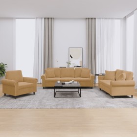 Three-piece brown velvet sofa set with cushions by , Sofas - Ref: Foro24-3202197, Price: 760,63 €, Discount: %