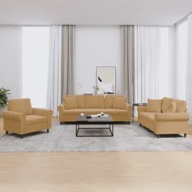 Three-piece brown velvet sofa set with cushions by , Sofas - Ref: Foro24-3202197, Price: 747,61 €, Discount: %