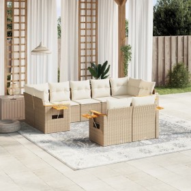 Set de sofás de jardín 9 pzas con cojines ratán sintético beige