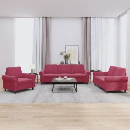Three-piece velvet sofa set with red wine cushions by , Sofas - Ref: Foro24-3202174, Price: 706,36 €, Discount: %