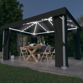 Cenador con cortina y tira de luz LED aluminio antracita 4x3 m