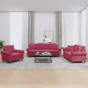 Dreiteilige Sofagarnitur aus rotem Samt mit Kissen von , Sofas - Ref: Foro24-3202194, Preis: 763,87 €, Rabatt: %
