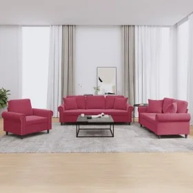 Red velvet 3-piece sofa set with cushions by , Sofas - Ref: Foro24-3202194, Price: 751,80 €, Discount: %