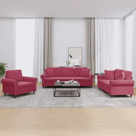 Red velvet 3-piece sofa set with cushions by , Sofas - Ref: Foro24-3202194, Price: 751,80 €, Discount: %