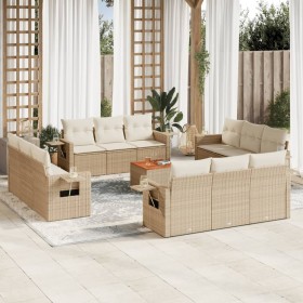 Set sofás de jardín con cojines 13 pzas ratán sintético beige