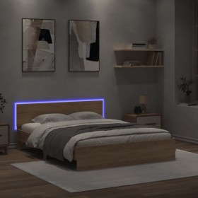 Sonoma oak bed frame with headboard and LED lights 160x200 cm by , Beds and slatted bases - Ref: Foro24-3207597, Price: 157,4...