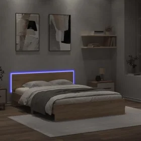 Sonoma oak bed frame with headboard and LED lights 160x200 cm by , Beds and slatted bases - Ref: Foro24-3207597, Price: 155,3...