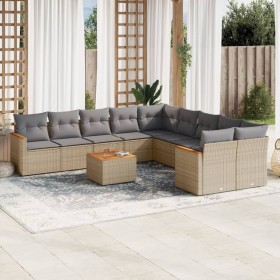 Set de sofás de jardín 11pzas con cojines ratán sintético beige