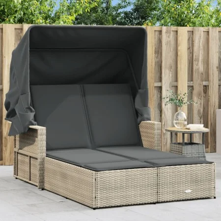 Double sun lounger with hood and light gray synthetic rattan cushions by , Loungers - Ref: Foro24-365812, Price: 357,81 €, Di...