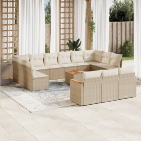 Set sofás de jardín 14 pzas con cojines ratán sintético beige