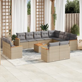 Set sofás de jardín con cojines 13 pzas ratán sintético beige