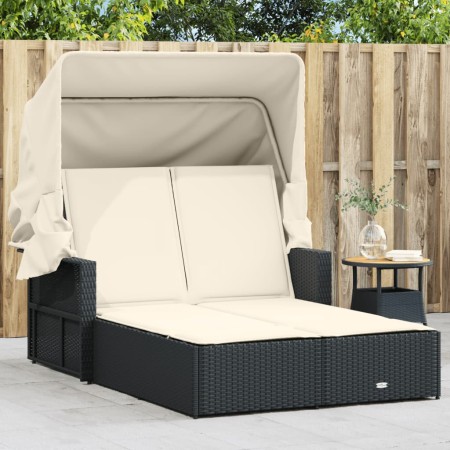 Double sun lounger with hood and black synthetic rattan cushions by , Loungers - Ref: Foro24-365806, Price: 281,81 €, Discoun...