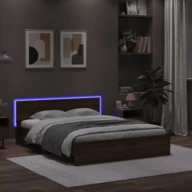 Oak brown headboard bed frame and LED lights 160x200 cm by , Beds and slatted bases - Ref: Foro24-3207601, Price: 199,55 €, D...