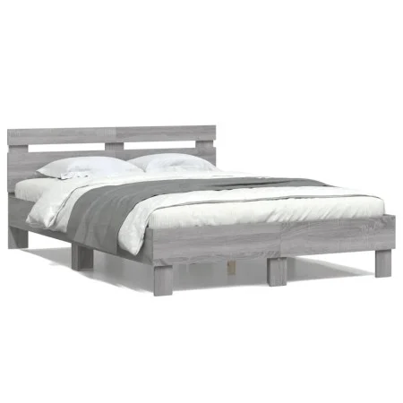 Sonoma gray headboard bed frame and LED lights 135x190 cm by , Beds and slatted bases - Ref: Foro24-3207572, Price: 151,54 €,...