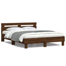 Oak brown headboard bed frame and LED lights 140x190 cm by , Beds and slatted bases - Ref: Foro24-3207566, Price: 168,18 €, D...