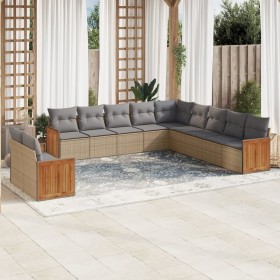 Set de sofás de jardín 11pzas con cojines ratán sintético beige