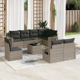 Set de muebles de jardín 9 pzas y cojines ratán sintético gris