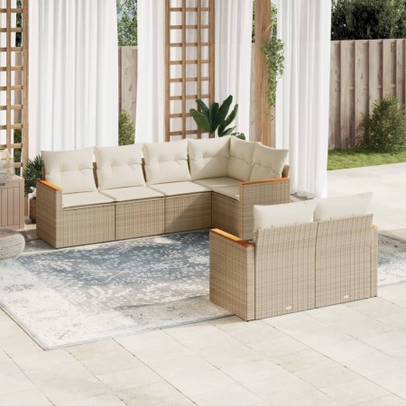 Set sofás de jardín 7 piezas y cojines ratán sintético beige