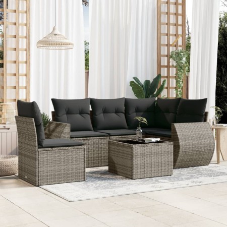 Set de muebles de jardín 6 pzas y cojines ratán sintético gris