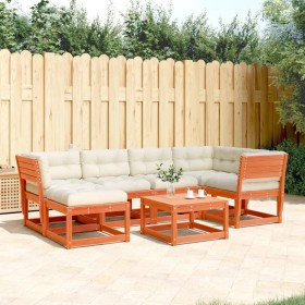 Set de sofás jardín 6 pzas con cojines madera pino marrón cera