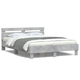 Estructura de cama cabecero y luces LED gris hormigón 140x190cm