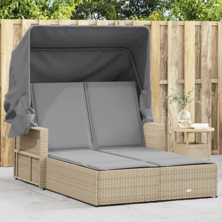 Doppelte Sonnenliege mit Verdeck und beigefarbenen synthetischen Rattan-Kissen von , Liegen - Ref: Foro24-365811, Preis: 366,...