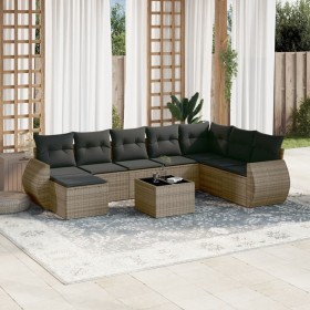 Set de muebles de jardín 9 pzas y cojines ratán sintético gris