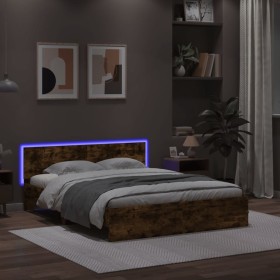 Smoked oak bed frame with headboard and LED lights 160x200cm by , Beds and slatted bases - Ref: Foro24-3207599, Price: 186,44...