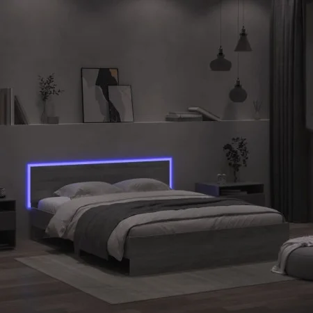 Sonoma gray headboard bed frame and LED lights 160x200 cm by , Beds and slatted bases - Ref: Foro24-3207600, Price: 199,02 €,...