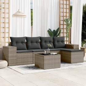 Set de muebles de jardín 6 pzas y cojines ratán sintético gris