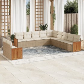 Set de sofás de jardín 11pzas con cojines ratán sintético beige