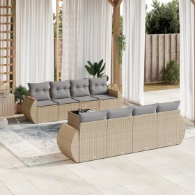 Set de sofás de jardín 9 pzas con cojines ratán sintético beige